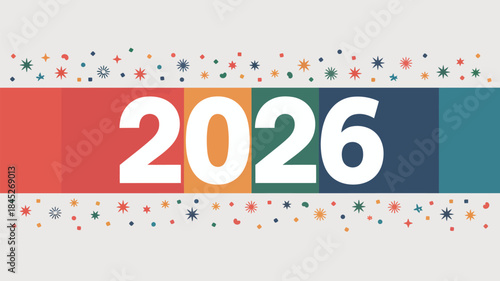 Vibrant 2026 celebration with colorful confetti and starburst design