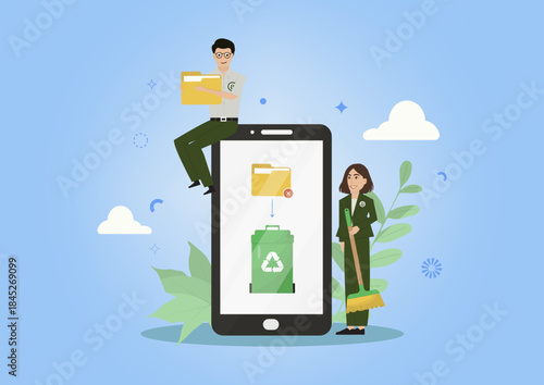 Flat digital cleanup concept with man and woman organizing folders around giant smartphone trash bin icon, ideal for teamwork and awareness visuals. Digital cleanup day. Vector illustration
