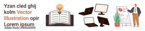 Learning resources, e-learning, business analysis, education tools, online work, technology integration. Open book, computer devices and presenter with data chart. Learning resources and e-learning