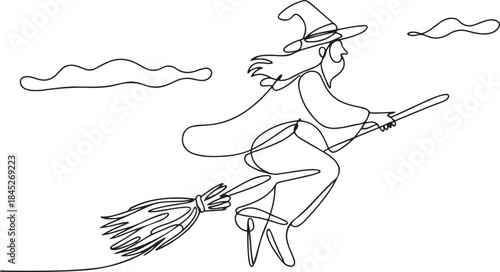 Continuous single line sketch drawing of wizard witch ride flying broom to the night sky.one line  vector illustration  with out background