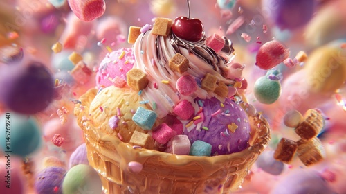 Whimsical Colorful Ice Cream Cone Overflowing with Candies and Toppings.