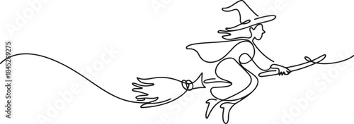 Continuous single line sketch drawing of wizard witch ride flying broom to the night sky.one line  vector illustration  with out background