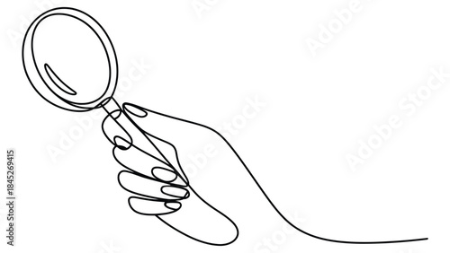  minimal continuous line art illustration of a hand holding magnifying glass, one line drawing symbolizing search, research, analysis, investigation, focus and discovery concept