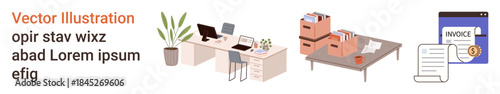Office management, document organization, data entry, business workflow, financial invoicing, workplace setup. Workspace with desks, boxes and documents. Office management and document organization