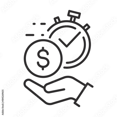 Fast money icon, easy instant loan, loan payment, hand, cash, stopwatch, finance thin line symbol for web and mobile, editable stroke vector illustration