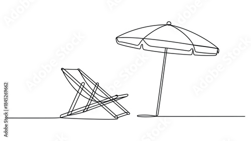  minimal continuous line art illustration of a beach umbrella and lounge chair, one line drawing symbolizing summer vacation, seaside relaxation, travel, leisure and resort lifestyle