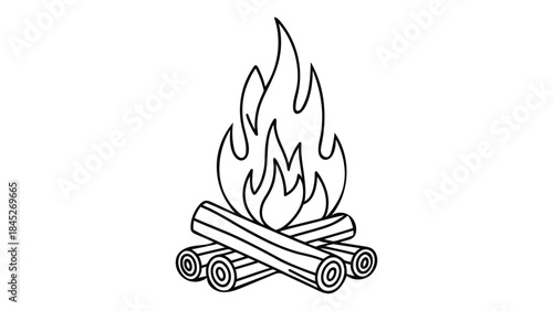  minimal line art illustration of a campfire with burning wood logs, simple outline drawing symbolizing warmth, outdoor camping, survival, adventure and nature lifestyle concept