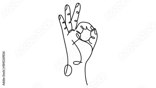  minimal continuous line art illustration of ok hand gesture, one line drawing symbolizing approval, agreement, perfection, positive feedback and simple modern communication concept