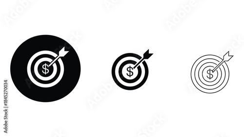  target and goal achievement icon set with arrow and dollar symbol in solid and outline styles, business success, marketing strategy, accuracy and financial objective concepts