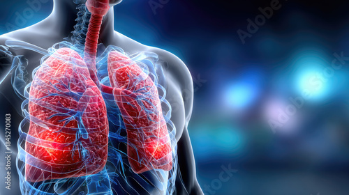 human lungs silhouette with glowing effect, lung pain and disease concept, medical illustration with space for text, healthcare and respiratory treatment