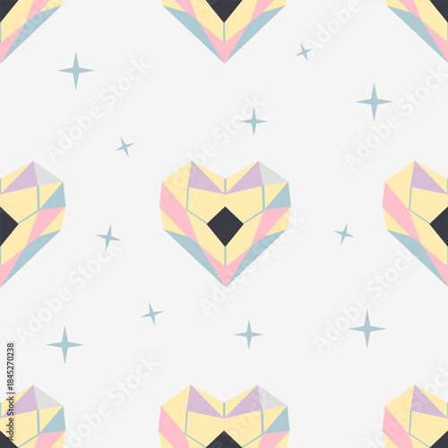 Geometric seamless pattern of faceted crystals and diamond shapes arranged in a precise grid to form abstract hearts, a flat design vector texture ideal for jewelry packaging and Valentine's design.