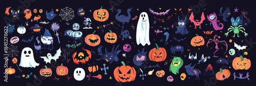 Halloween cartoon icon set with pumpkins ghosts bats spiders skeletons black cats ghosts witches vampire monster and festive spooky decorations vector illustration