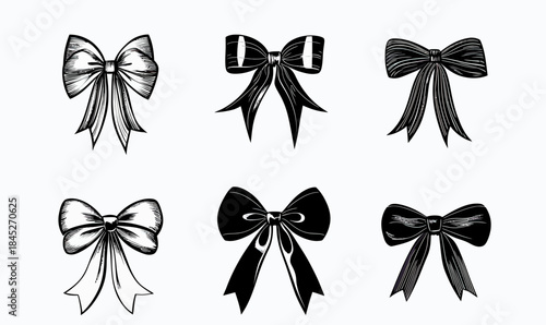 Set of six black and white vector bow illustrations with varied ribbon styles and shading in flat minimalist design for decorative and fashion use
