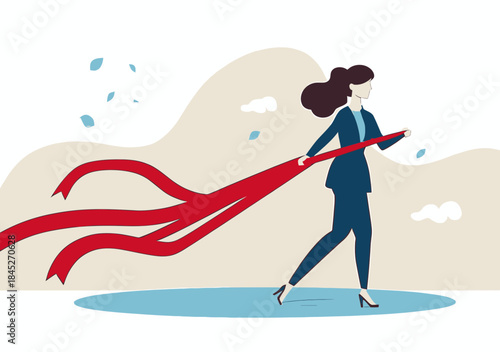 Strong businesswoman breaking red tape ribbons symbolizing career obstacles and workplace barriers in flat vector illustration