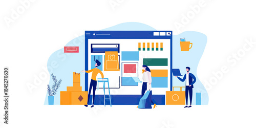 Team working on online shop website design and development with computer, boxes, and task collaboration in flat minimalist style