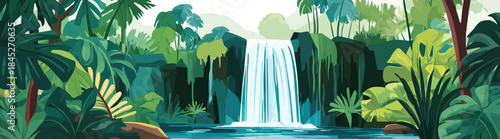 Lush tropical jungle waterfall cascading into clear pool surrounded by dense green foliage and exotic plants vector illustration