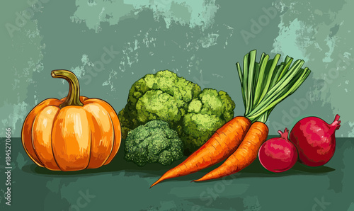 Illustration of fresh pumpkin broccoli carrots and pomegranates on textured background healthy autumn vegetables sketch style drawing for vegetarian food concept