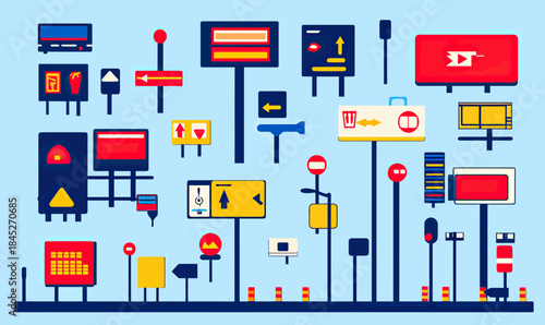 Colorful collection of various road traffic signs and directional billboards in minimalist flat vector style on blue background for navigation and information design concept