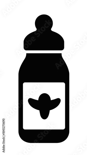 Black silhouette baby bottle icon with nipple and label, infant feeding and childcare symbol in flat minimalist style vector illustration isolated on white background