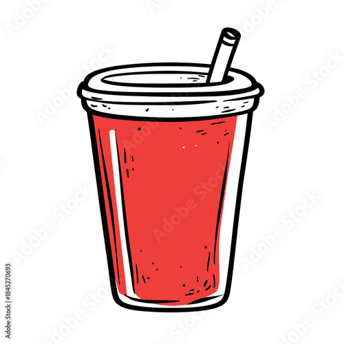 Red disposable soda cup with plastic lid and straw hand drawn doodle illustration of cold soft drink container for takeaway beverages in simple line art style