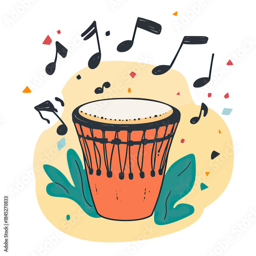 Colorful djembe drum with hand drawn musical notes and foliage decoration in minimalist flat vector style for music and culture concept illustration