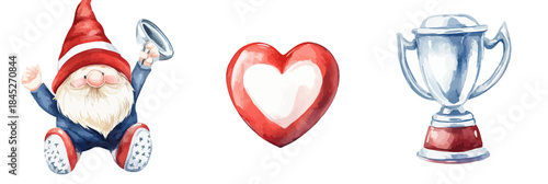 Cute cartoon gnome holding whistle with red heart and silver trophy cup isolated on white background watercolor vector illustration for sports celebration design elements