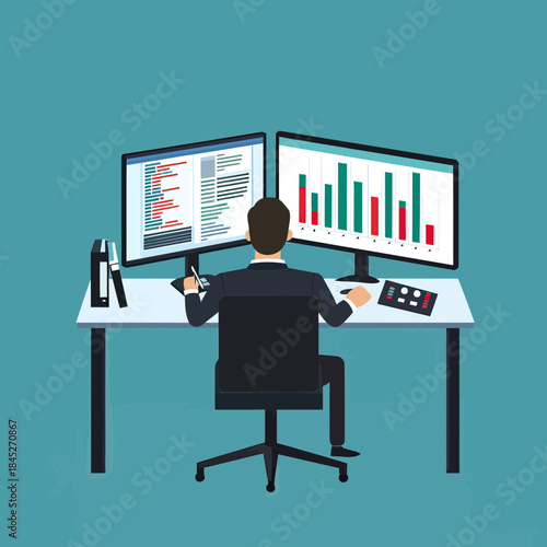 Businessman analyzing financial bar charts and coded data on dual monitors in modern office workspace vector illustration flat design