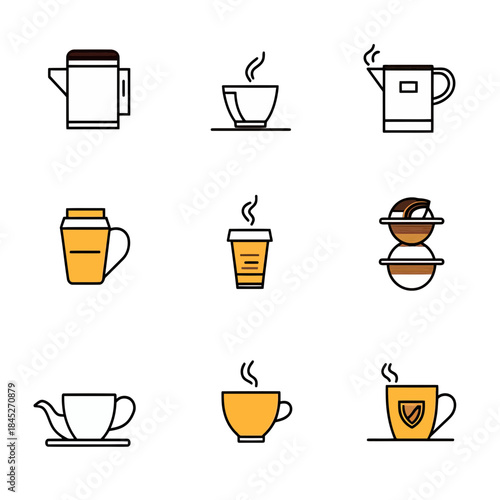 Minimalist vector icons set of coffee and tea cups, coffee pot, teapot, coffee to go cup, coffee pods, hot drinks with steam in flat line style