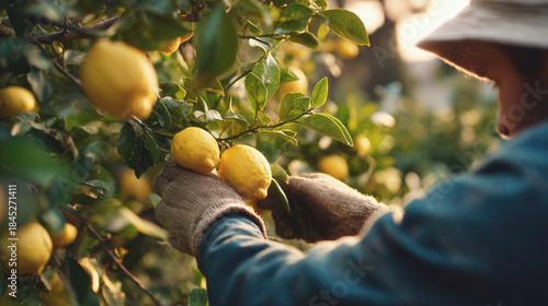 Farmer harvesting fresh ripe lemons from tree in sunlit orchard with green foliage and yellow fruits.