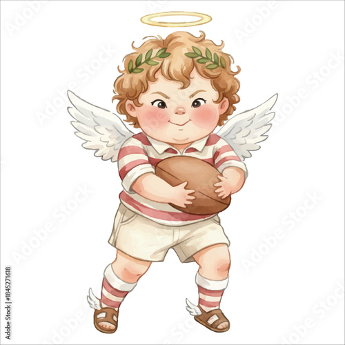 Cute Cupid Angel Playing Rugby Watercolor Vector Illustration on White Background

