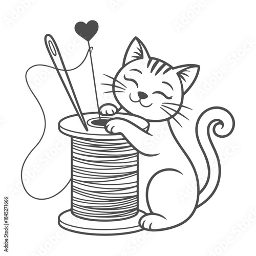 black and white illustration of a cat with sewing supplies