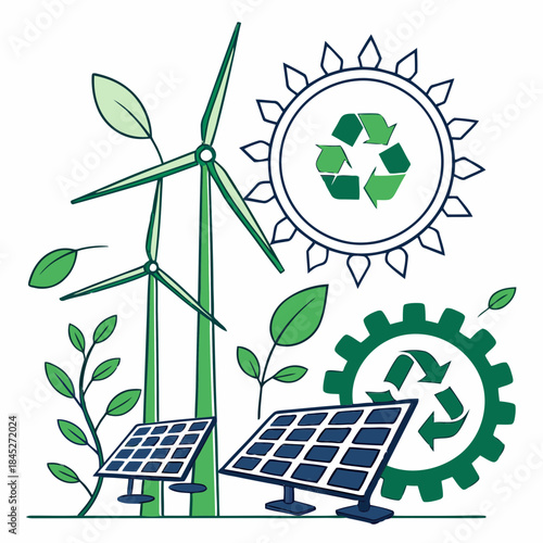 Renewable energy sources with recycling symbols on white background