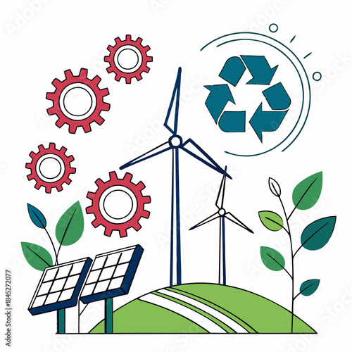 Renewable energy sources with recycling symbol and gears on white background