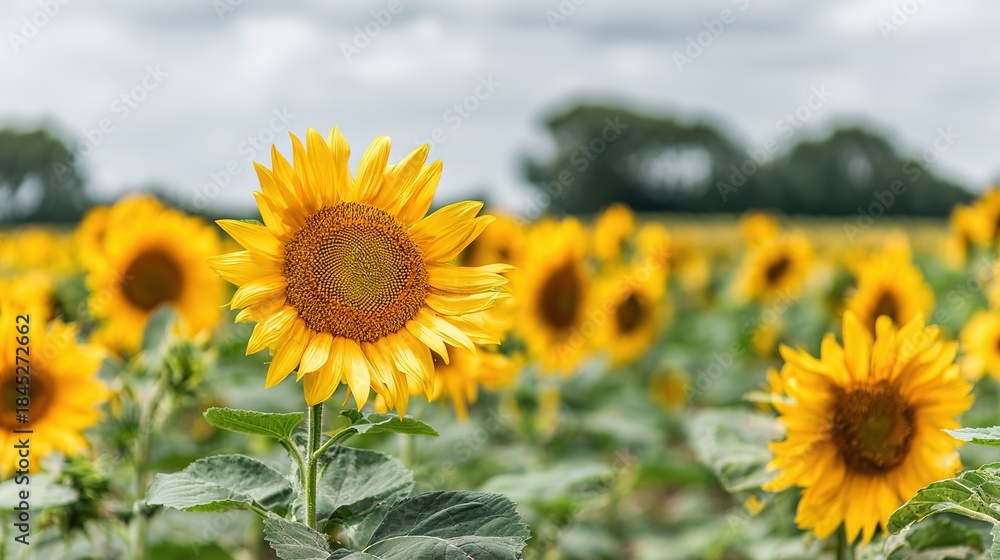 Fototapeta premium Single sunflower close-up blurred flower field background natural flower details 