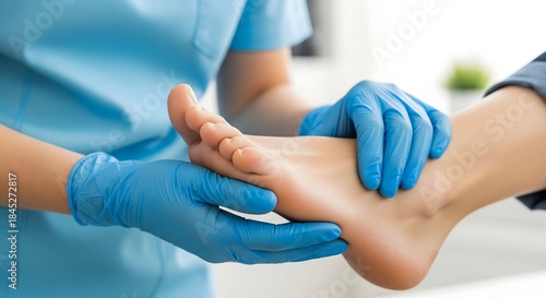 Healthcare professional examining a patient’s foot while wearing medical gloves, representing podiatry care, foot health assessment, physiotherapy treatment, injury prevention, and professional clinic
