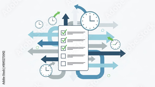 Task Management Checklist with Arrows and Clocks.