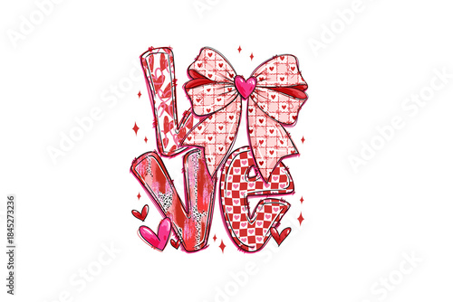 Love Typography with Plaid Pattern and Large Bow Valentine Sublimation Design