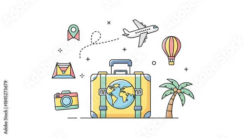 Travel Suitcase with Globe and Accessories.