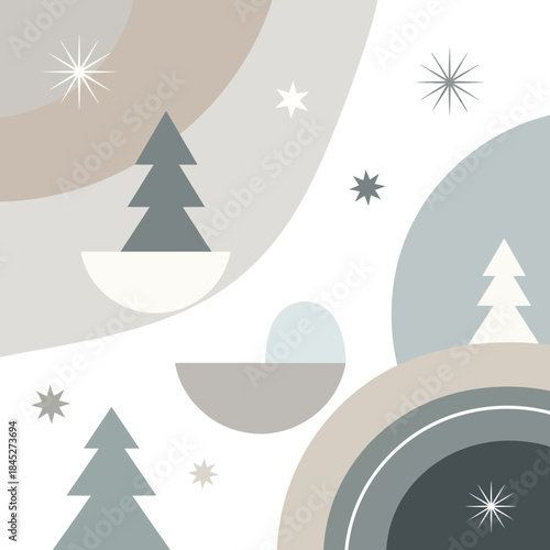 Winter Wonderland Abstract: A minimalist digital illustration showcases a serene winter landscape. Stylized fir trees stand amidst falling stars and soft curves of snow.