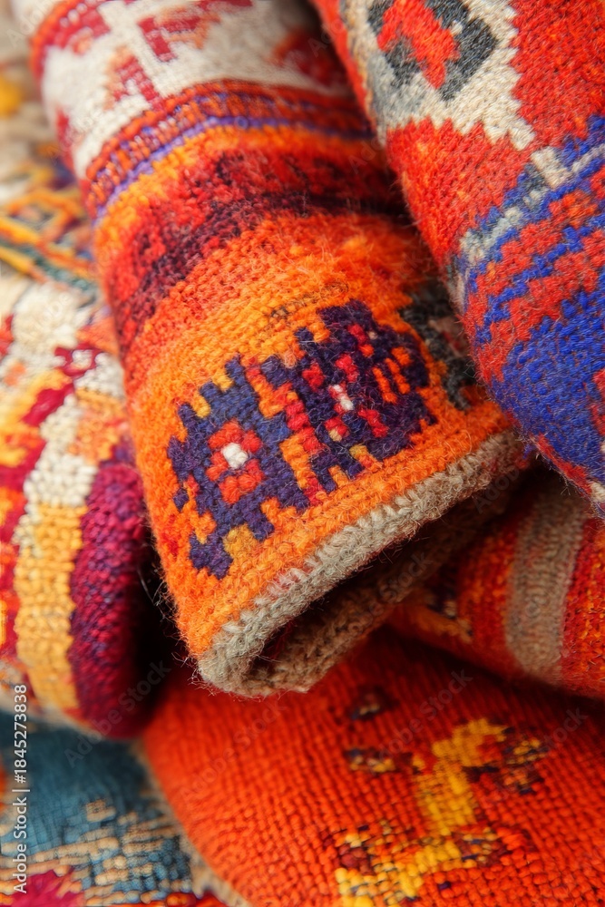 Fototapeta premium Multicultural textile patterns showcasing global collaboration with warm backdrops and bokeh style