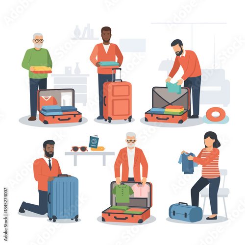 Preparation for Journey: People efficiently pack their luggage with essentials. Focused individuals meticulously prepare their travel cases, ready to embark on a journey.