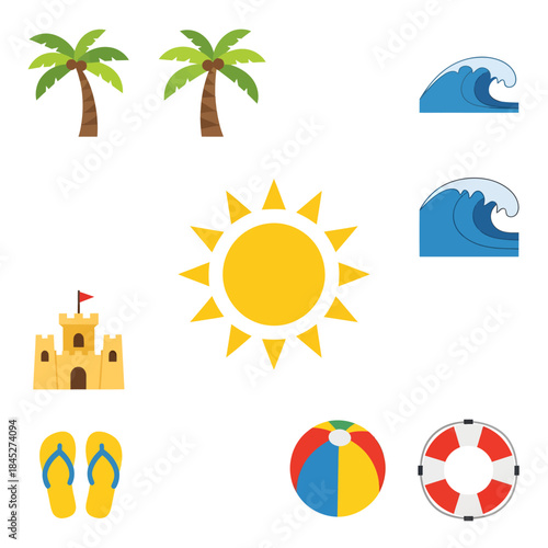Summer Icon Set: A collection of cheerful icons evoking the essence of a perfect summer day, featuring palm trees, ocean waves, the bright sun, sandcastle, flip-flops, beach ball and a life preserver.
