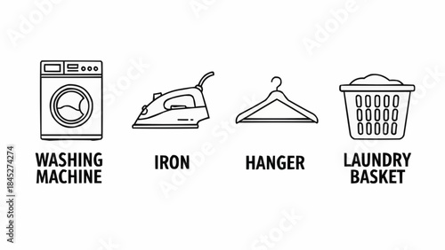 Set of four laundry and household chore icons washing machine, iron, hanger, and laundry basket, representing domestic tasks and garment care