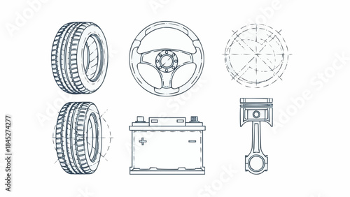 Collection of automotive parts and diagrams, including a tire, steering wheel, battery, and piston, presented in a blueprint style
