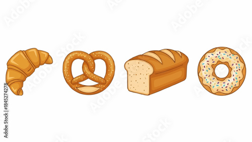 Assorted baked goods including croissant, pretzel, bread, and donut on a clean white background