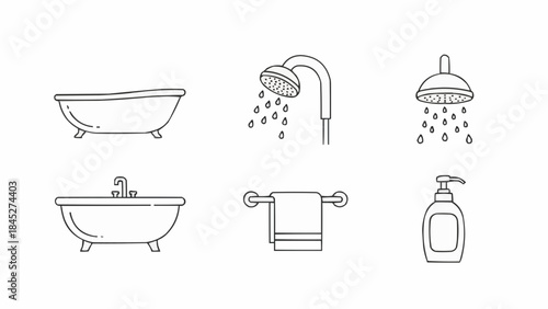 Bathroom essentials collection featuring bathtubs, shower heads, and accessories in a clean and minimalist design