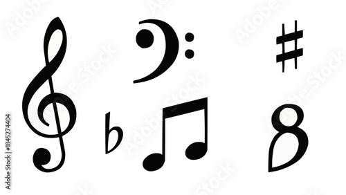 A collection of musical symbols including a treble clef, bass clef, flat, eighth note, and sharp sign
