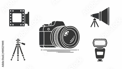 Vector set of essential photography and videography equipment icons, featuring a camera, film reel, tripod, flash, and light stand, ideal for graphic design projects and digital media applications