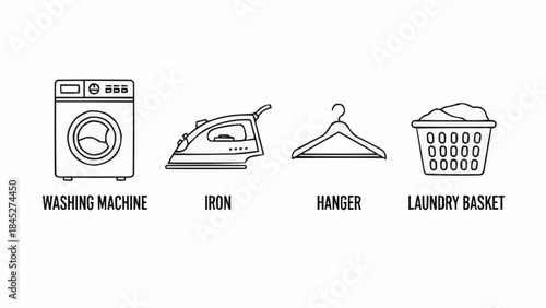 Vector line icons for laundry essentials washing machine, iron, clothes hanger, and laundry basket. Perfect for household chores and garment care designs
