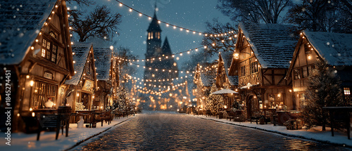 Magical Christmas Market Village at Night with Snowfall